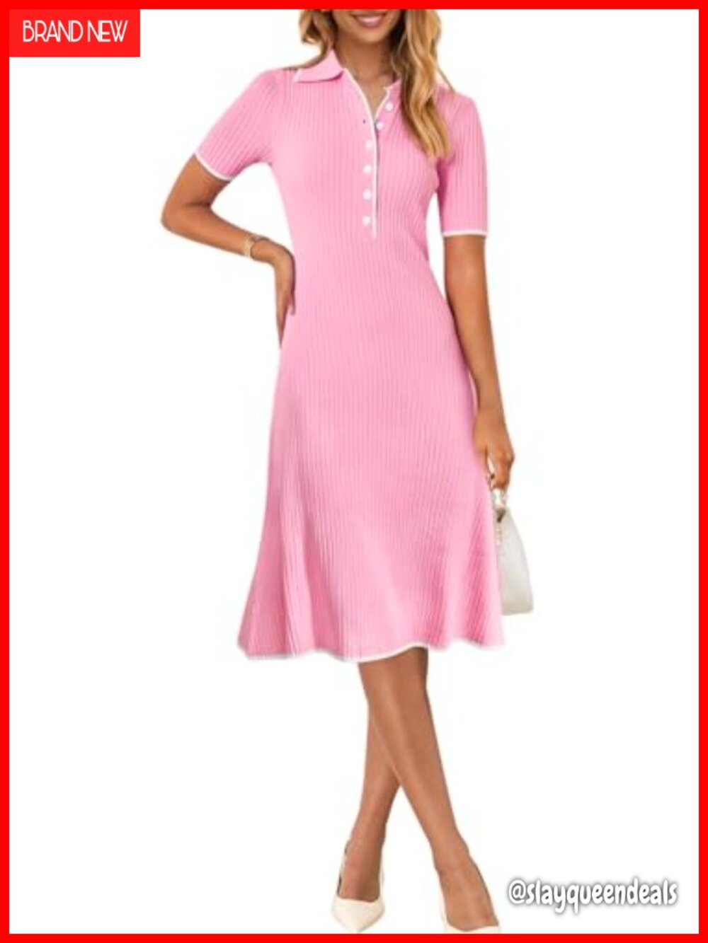 Ribbed Knit V Neck Bodycon Midi Dress Short Sleeve Button Down Collared